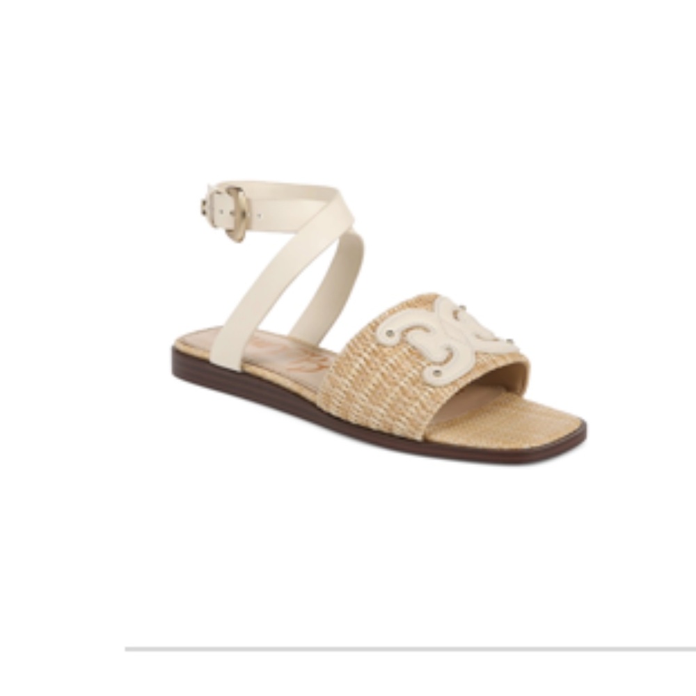 Sam Edelman Beige Straw and Ivory Ankle-Strap Sandals